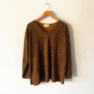 Susan Graver Style tan brown animal print vneck sweater knit size XL